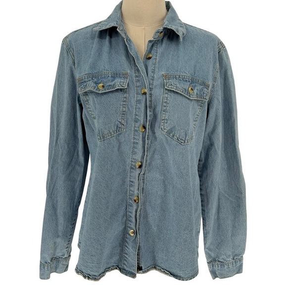 SHEIN Tops - SHEIN Denim Shirt Light‎ Wash 100% Cotton Button Down Pockets Small 4